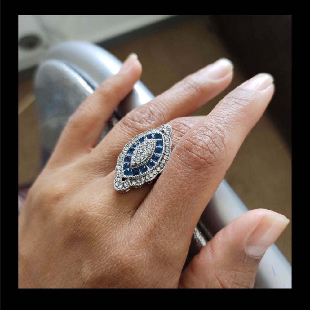 Silver Antique Art Deco Vintage Victorian Blue White Sapphire Topaz Ring size 5 - Picture 6 of 7